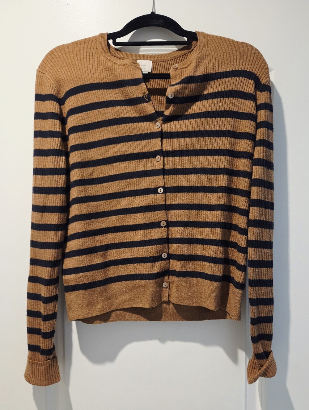 Striped Button-Front Women's Sweater Cardigan - Tan and Black